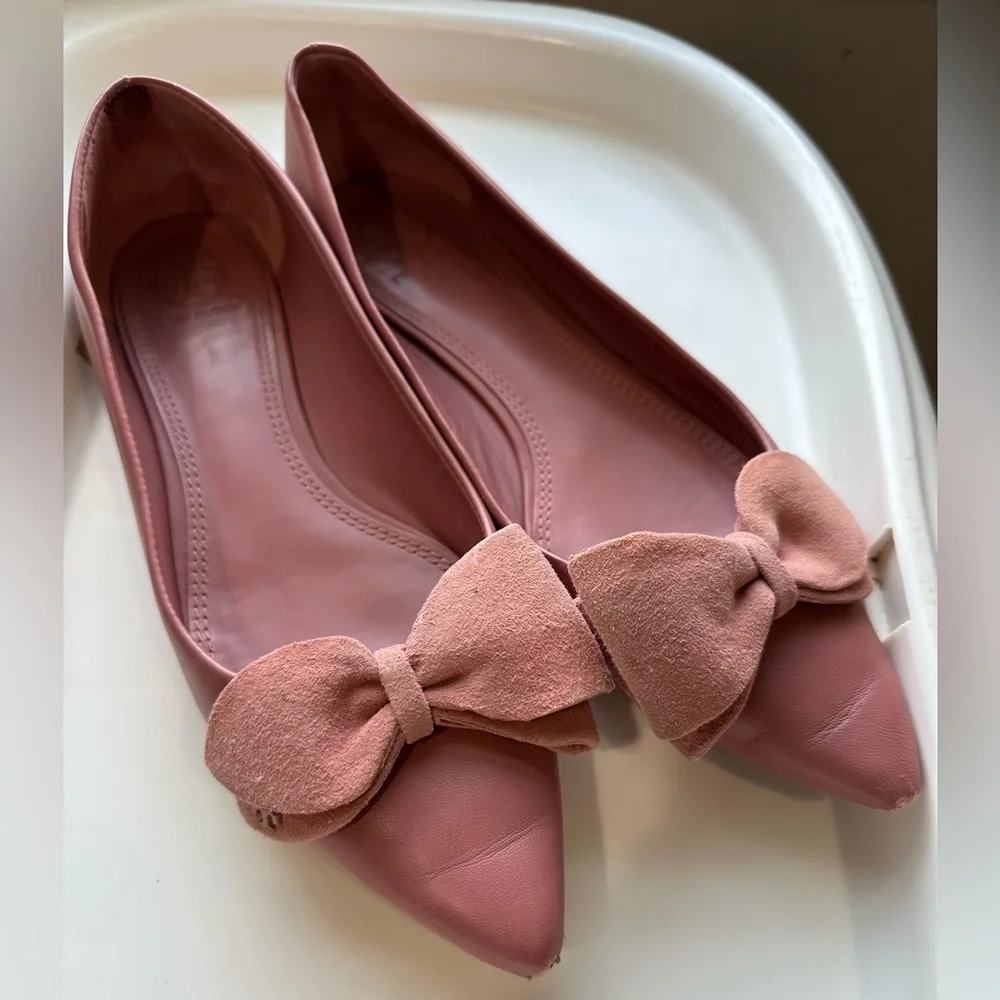 Tory Burch Pointed Bow Flats in Dusty Rose